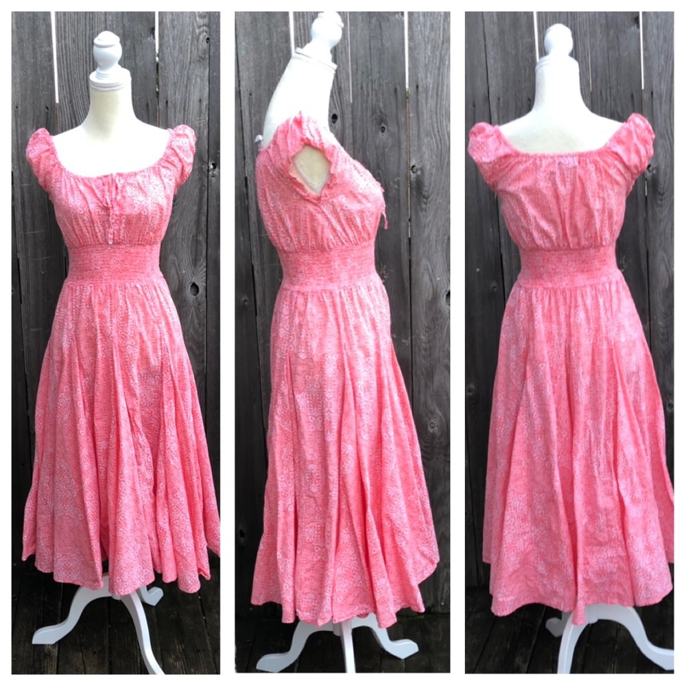 Peasant Boho Full Flared Salmon Pink White Dress